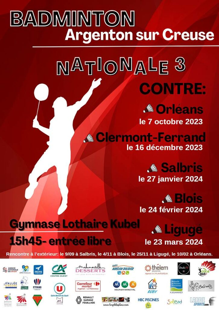 programme nationale 3 argenton badminton 2023 2024